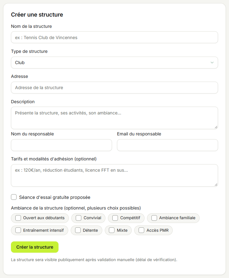 Formulaire complet de création de structure