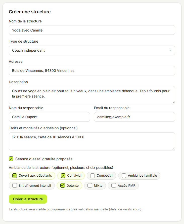 Exemple de fiche structure remplie